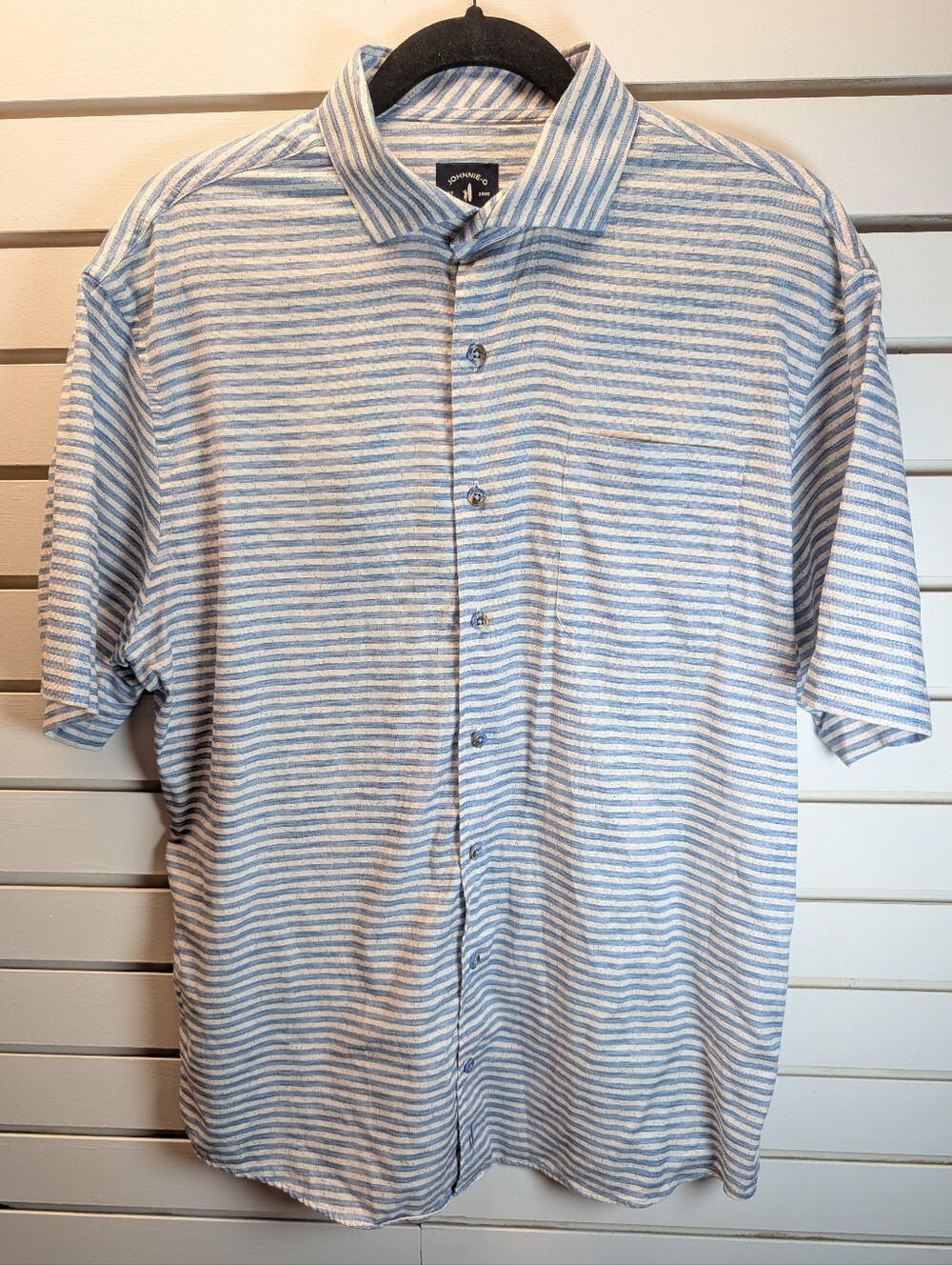 Johnnie O Men's Savana Button Front Shirt Striped Oceanside Collared Blue Large